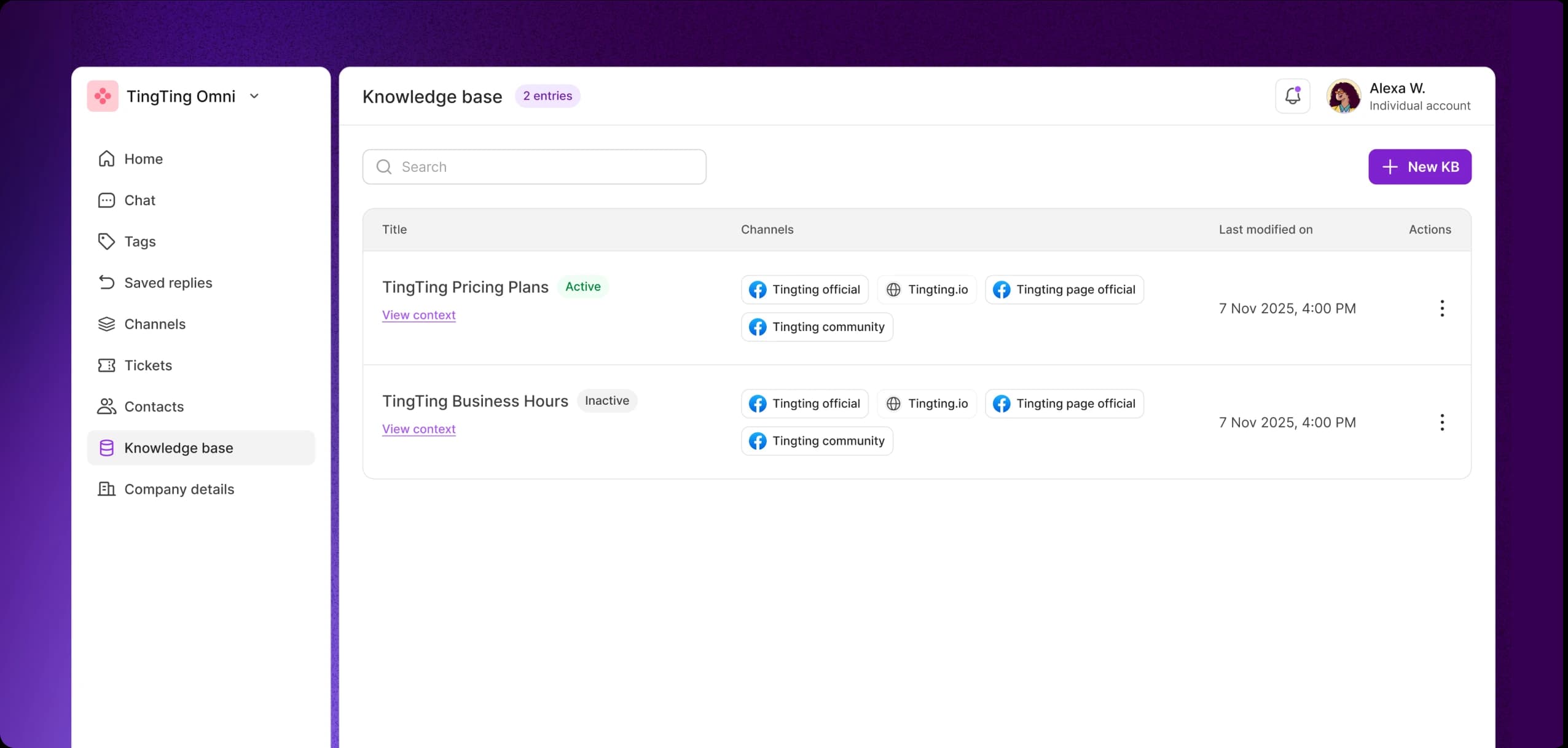 TingTing Omni Knowledge Base dashboard